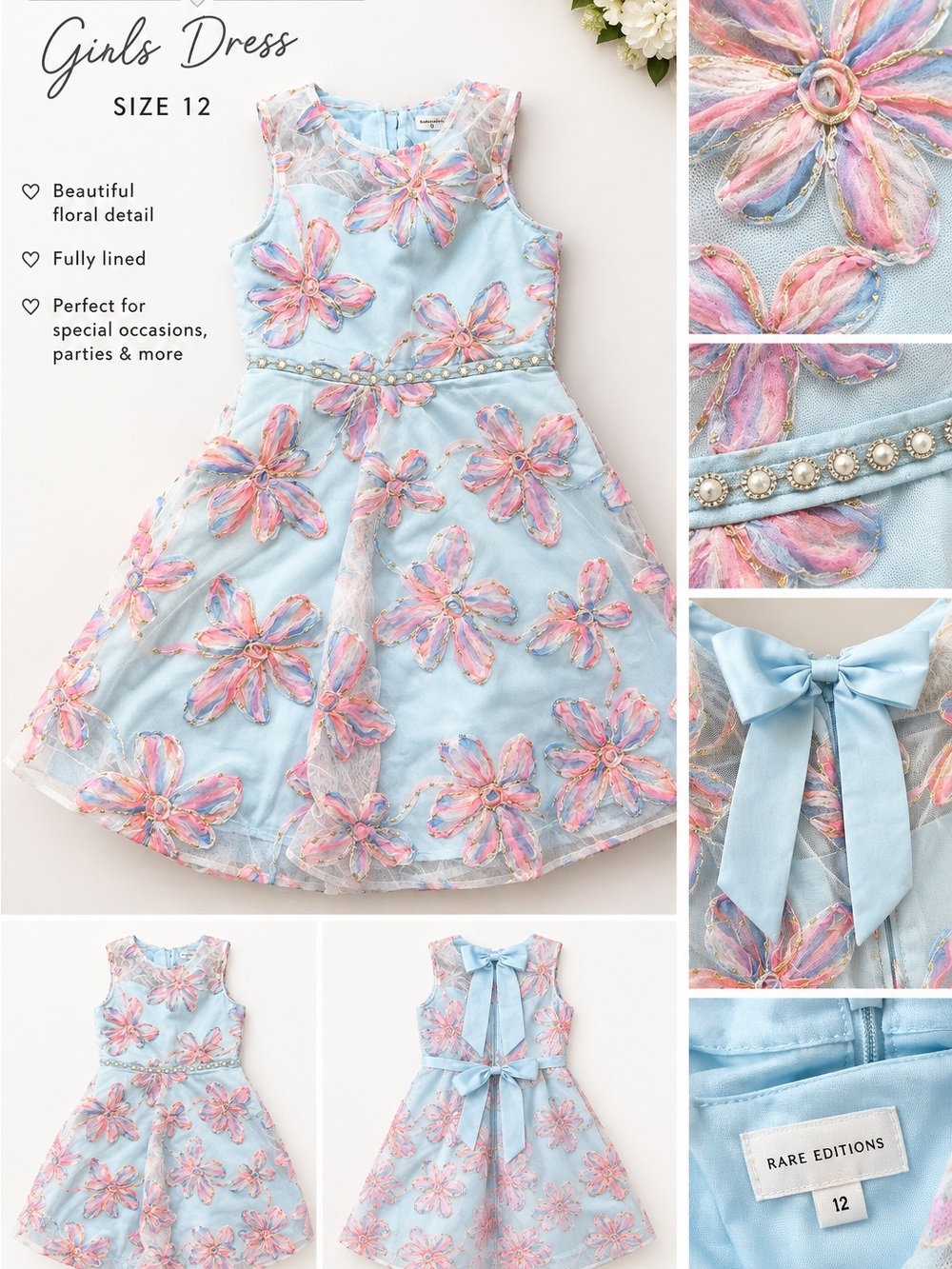 Rare Editions Light Blue Floral Embroidered Dress with Pink & Cream Details